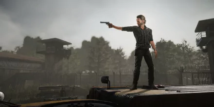 HD wallpaper of a character wielding a gun from The Walking Dead: Destinies video game, standing atop a vehicle with a watchtower in the background.