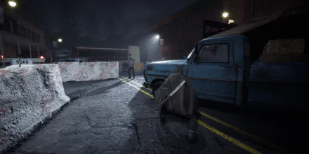 HD desktop wallpaper from The Walking Dead: Destinies video game featuring a nighttime scene with an old truck and characters in a desolate urban setting.