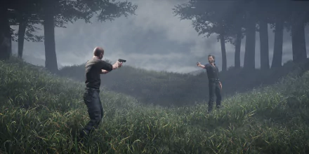 HD wallpaper of two characters in a tense standoff from The Walking Dead: Destinies video game set in a misty forest.