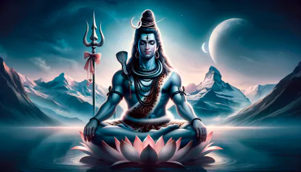 HD desktop wallpaper of Lord Shiva (Mahadev) meditating with a trishula, against a serene Himalayan backdrop and a crescent moon.