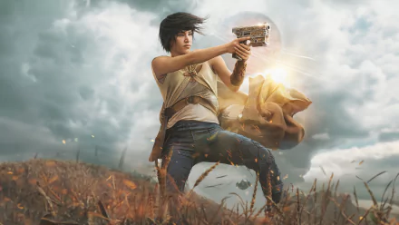 HD desktop wallpaper featuring a dynamic scene from Rebel Moon with a character in combat stance amidst a field under a cloudy sky.
