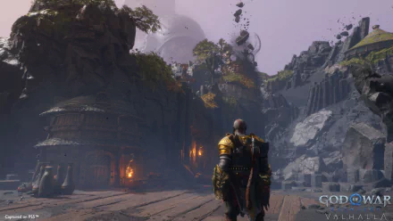 HD wallpaper featuring a scene from God of War: Ragnarök video game with a character overlooking a mythical landscape.