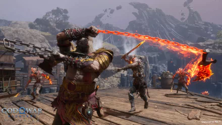 HD desktop wallpaper from God of War: Ragnarök video game depicting a character wielding a fiery whip in a dramatic battle scene.