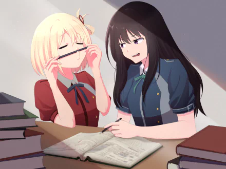 HD PC desktop wallpaper featuring anime characters Chisato Nishikigi and Takina Inoue from Lycoris Recoil, studying together with books and notebooks.