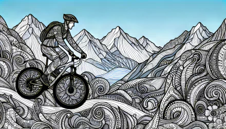 Mountain biker illustration on an ornate background of mountains and swirls, styled as an HD desktop wallpaper.