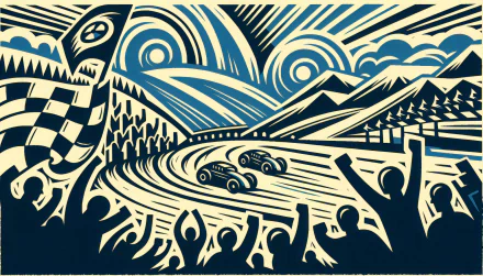 HD desktop wallpaper of a stylized rallying scene with dynamic lines and checkered flags.