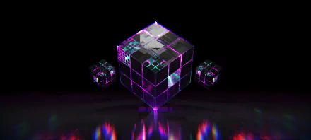 HD PC desktop wallpaper featuring a dark, abstract 3D cube with neon purple and blue accents, floating against a black background with reflective light effects.