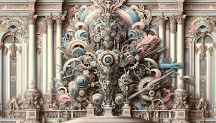 HD desktop wallpaper featuring intricate steampunk machinery melded with classic architecture in soft pastel tones.