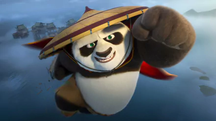 Po from Kung Fu Panda 4 confidently lunges forward, wearing his signature hat and cape, against a serene background, captured in vibrant HD. A perfect desktop wallpaper for fans.