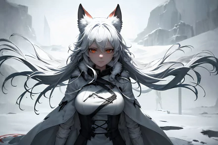 HD anime-style AI art wallpaper featuring a white-haired fox girl with striking red eyes, set against a snowy, desolate landscape background.