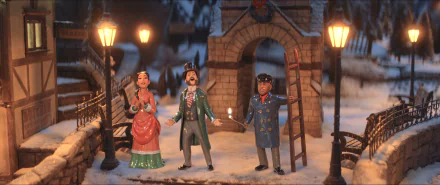 HD wallpaper featuring animated characters from the movie Candy Cane Lane in a festive winter scene with snow, streetlamps, and a charming village backdrop.