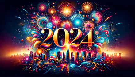 Vibrant HD 2024 fireworks display over city skyline desktop wallpaper and background.