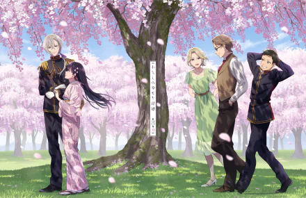 Anime-style 4K Ultra HD PC desktop wallpaper featuring five characters standing beneath blossoming cherry trees with petals gently falling around them.