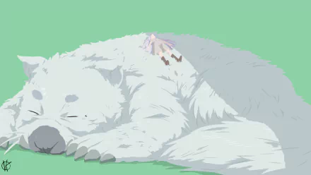 Anime-style 4K Ultra HD wallpaper from Frieren: Beyond Journey's End depicting a large, white wolf peacefully sleeping with a small figure resting on its back.