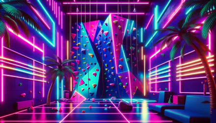 A vibrant indoor climbing wall surrounded by neon lights and palm trees, creating an energetic atmosphere. This HD image serves as an engaging desktop wallpaper.