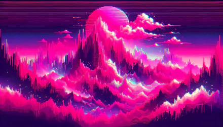 A vibrant hot pink HD desktop wallpaper featuring surreal mountains and clouds under a bold pink sun, creating a dynamic and striking visual atmosphere.