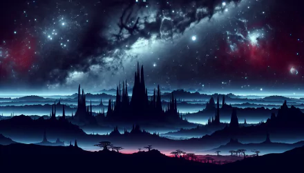 HD wallpaper featuring a fantasy landscape with silhouetted spires against a starry night sky with nebulae.