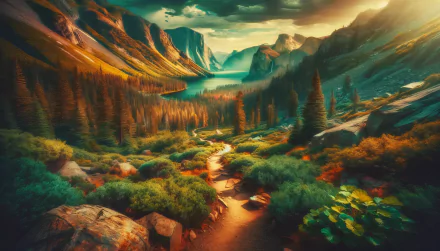 Scenic hiking trail HD wallpaper featuring a serene mountainous landscape with lush greenery and a winding path leading toward a distant lake at sunset.