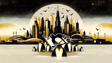 HD Pittsburgh Penguins-themed wallpaper featuring stylized penguins and cityscape with bridges and a large moon.
