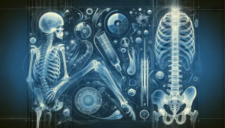HD desktop wallpaper featuring an artistic X-ray vision concept with skeletons and mechanical gears juxtaposed, symbolizing the fusion of biology and technology.