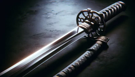 Close-up of a katana, a traditional Japanese samurai sword, with a detailed hilt on a dark background - HD desktop wallpaper.