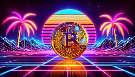 HD Bitcoin-themed desktop wallpaper featuring a vibrant illustration of a golden Bitcoin coin against a neon retro-futuristic landscape with palm trees and glowing grid lines.
