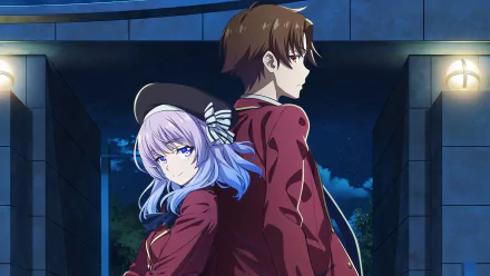 HD desktop wallpaper featuring Kiyotaka Ayanokōji and Arisu Sakayanagi from the anime Classroom of the Elite, situated in a night setting with a soft glow from nearby lights.