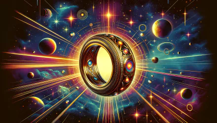 HD wallpaper of a mystical gold ring with cosmic background featuring vibrant planets and stars.