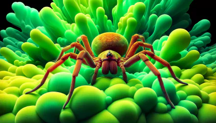HD wallpaper of a brown recluse spider on a vibrant green abstract background for desktop.