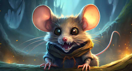 HD fantasy-themed AI art of an expressive rat with large ears and sharp teeth, set against a mystical forest background, designed as a PC desktop wallpaper.