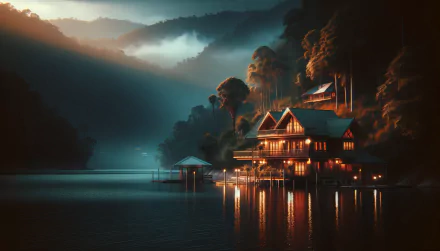 HD wallpaper of a serene lake house with glowing lights at dusk, nestled in a forested mountainous area with mist rolling in.