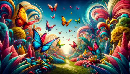 A vibrant butterfly garden filled with colorful butterflies soaring through lush, fantastical foliage, creating a dreamy HD desktop wallpaper and background.