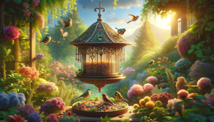A vibrant bird feeder in a lush garden, surrounded by colorful flowers and lively birds, illuminated by soft sunlight; an enchanting HD desktop wallpaper and background.