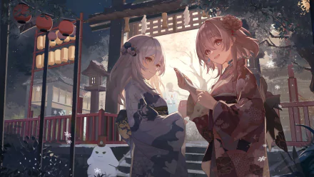 4K Ultra HD wallpaper featuring Honkai: Star Rail characters Stelle and March 7th in traditional attire, set against a serene shrine background.