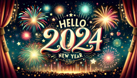 High-resolution desktop wallpaper featuring vibrant fireworks and a festive 'Hello 2024 New Year' greeting for celebrating the upcoming 2024 New Year's Eve.