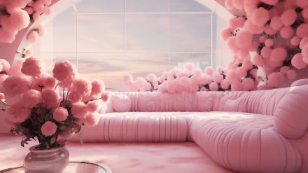 A serene pink aesthetic interior featuring a plush couch surrounded by soft pink flowers and a scenic window view. This HD wallpaper transforms any space with its calming hues.