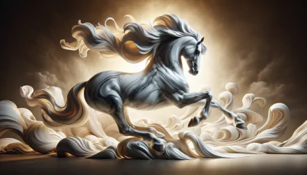 A majestic stallion with flowing mane leaps gracefully against a dramatic backdrop of swirling clouds, creating a stunning HD desktop wallpaper.