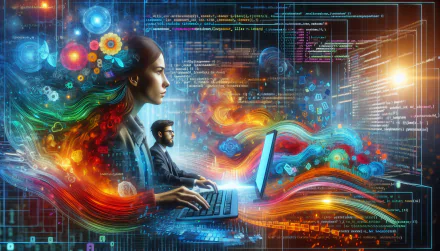 HD wallpaper featuring a stylized representation of a programmer at work with vibrant abstract digital art elements symbolizing creativity and technology in the background.