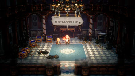 HD wallpaper of a scene from Octopath Traveler II featuring a character named Osvald in an ornate room with dialogue displayed.
