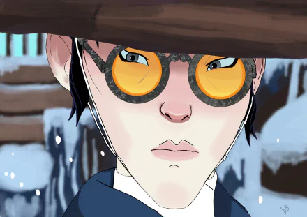 Anime-style blue-eyed samurai with orange glasses, HD desktop wallpaper with a snowy background.