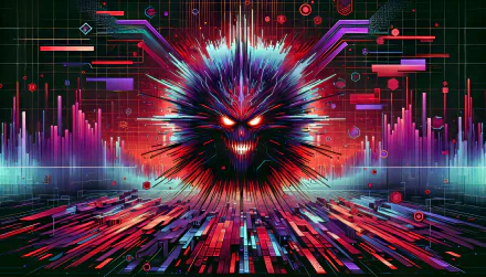 HD Wallpaper of stylized digital virus with glowing red eye in cybernetic environment for desktop background.