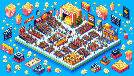 Colorful HD desktop wallpaper featuring an isometric illustration of a vibrant theater setting with popcorn-themed decor.