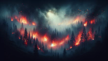 HD desktop wallpaper featuring a dramatic wildfire in a forest at night with vivid flames and smoke against a starry sky.
