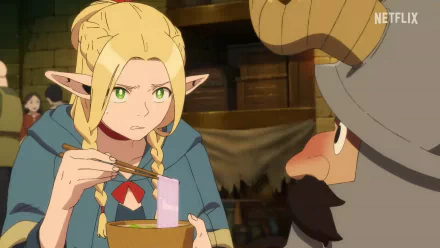 Anime-inspired HD wallpaper featuring Marcille Donato from Delicious in Dungeon, showcasing her intense expression while enjoying a meal with a companion.