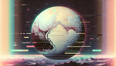A stunning HD desktop wallpaper featuring Pluto, showcasing a stylized interpretation of the planet against a cosmic backdrop and mountainous landscape.