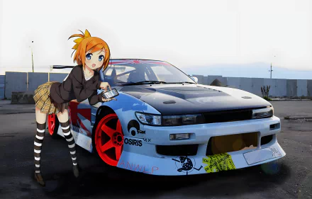 Anime-style character leaning on a detailed blue and white sports car with red rims, captured in sharp 4K Ultra HD PC desktop wallpaper quality.