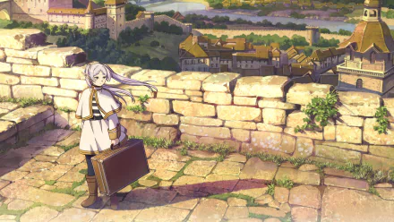 HD wallpaper of Frieren from 'Frieren: Beyond Journey's End' anime, standing on a stone wall overlooking a picturesque medieval village.