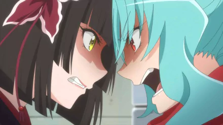 HD desktop wallpaper featuring Mio and Tomoe from Tsukimichi -Moonlit Fantasy- anime, in a close-up intense confrontation.