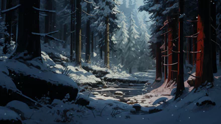 A serene snowy forest scene with tall trees and a gentle stream, captured in HD. This captivating winter landscape serves as a beautiful desktop wallpaper.