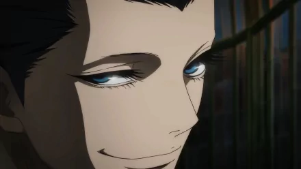 A close-up of a character's face from the anime The Witch and the Beast, featuring striking blue eyes and a confident expression, created as a high-definition desktop wallpaper.